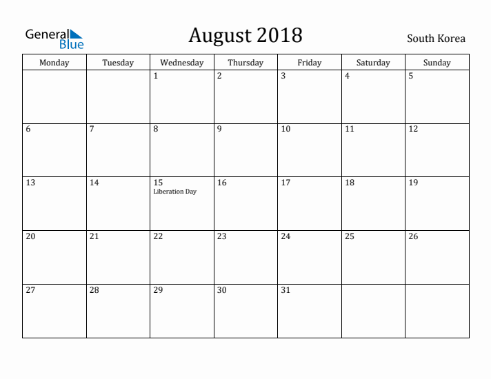 August 2018 Calendar South Korea
