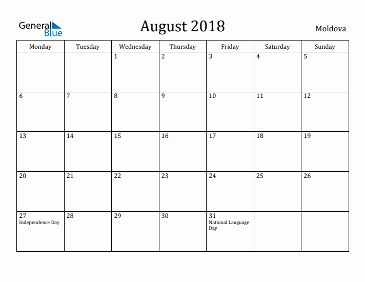 August 2018 Calendar Moldova