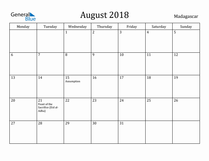 August 2018 Calendar Madagascar