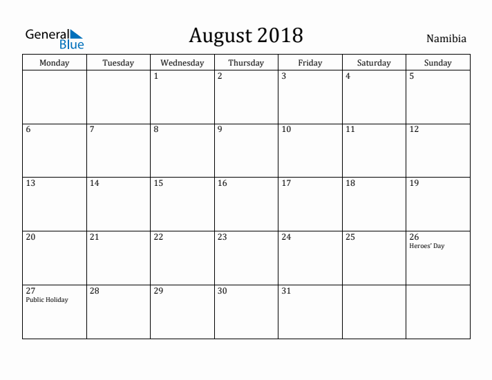 August 2018 Calendar Namibia