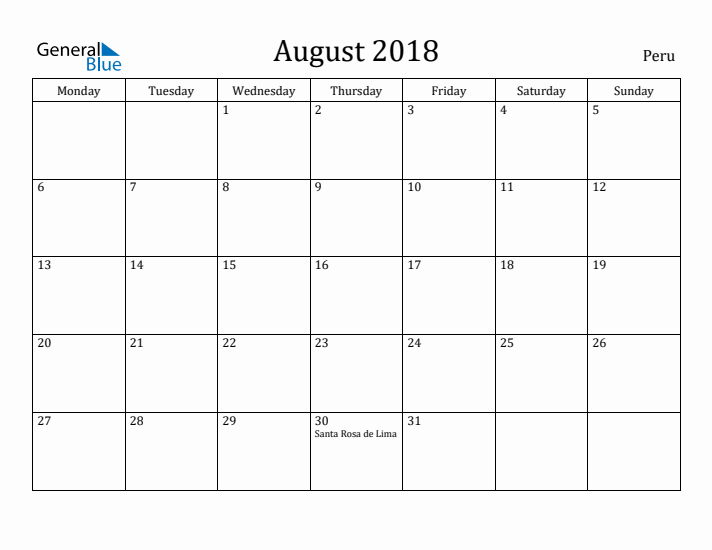 August 2018 Calendar Peru