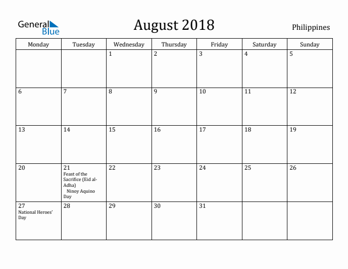August 2018 Calendar Philippines