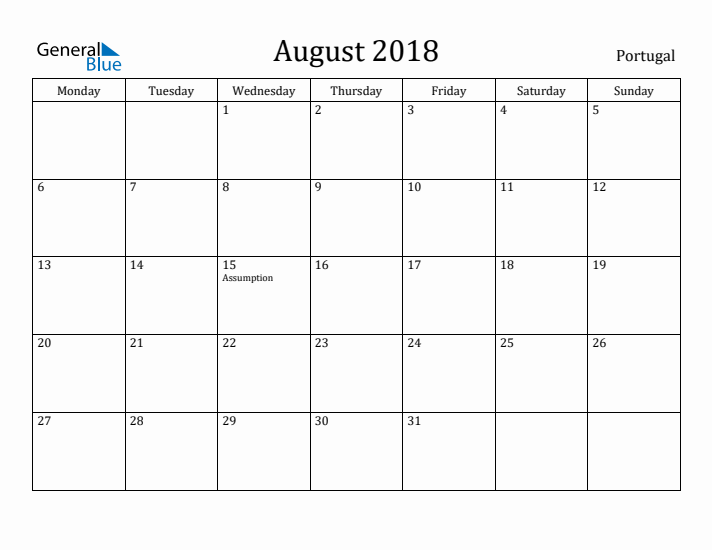 August 2018 Calendar Portugal