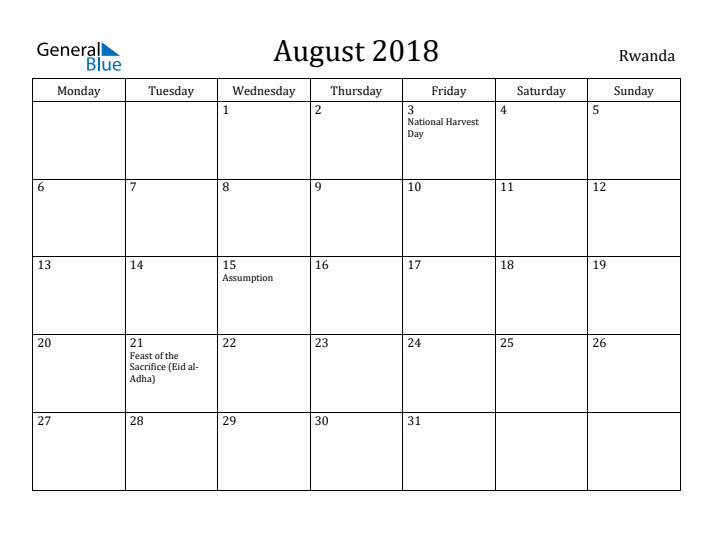 August 2018 Calendar Rwanda