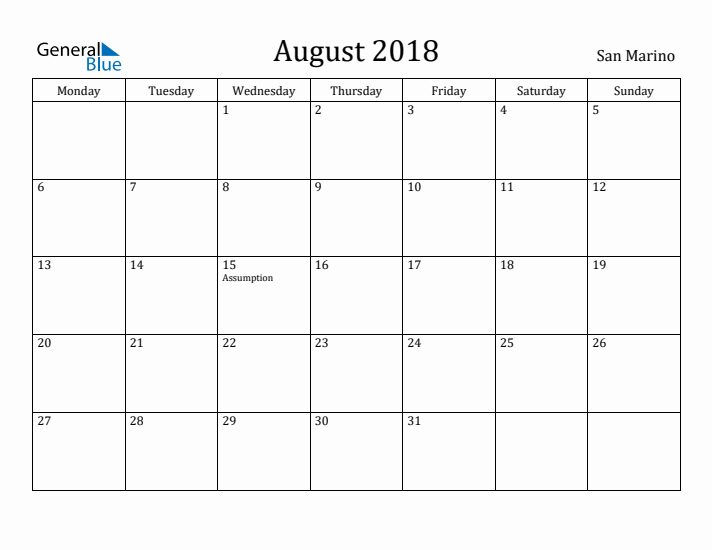 August 2018 Calendar San Marino