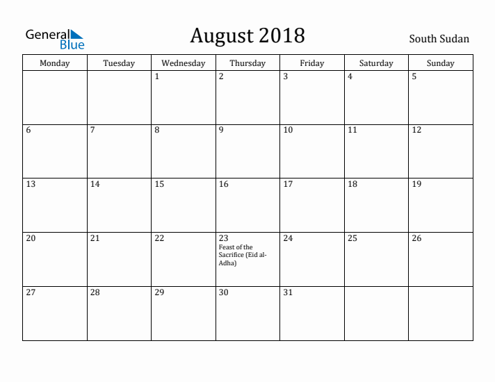 August 2018 Calendar South Sudan