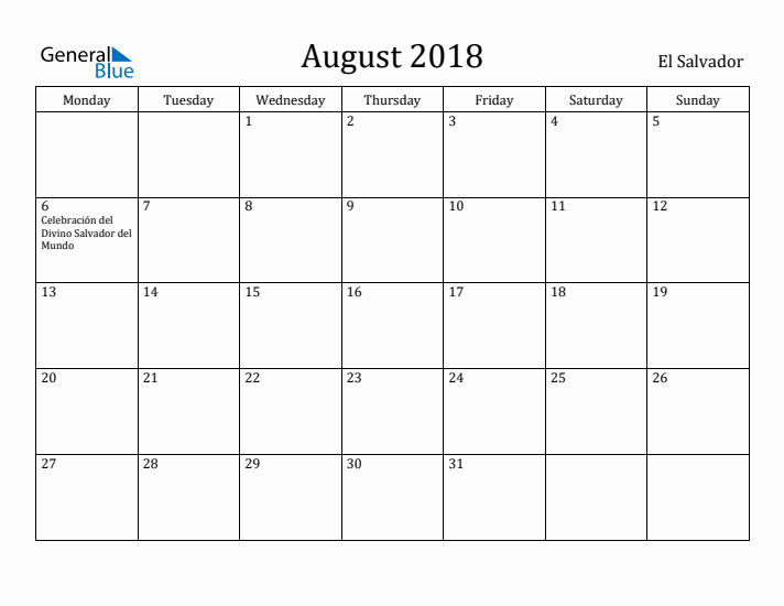 August 2018 Calendar El Salvador