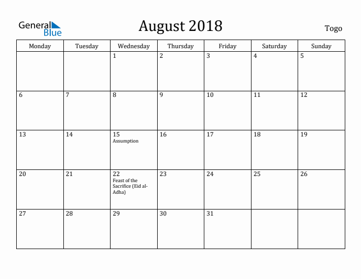 August 2018 Calendar Togo