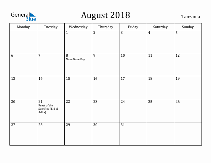 August 2018 Calendar Tanzania