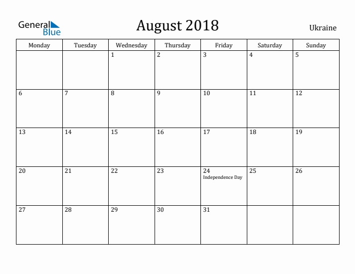 August 2018 Calendar Ukraine