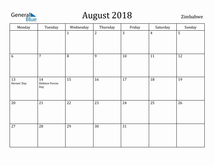 August 2018 Calendar Zimbabwe