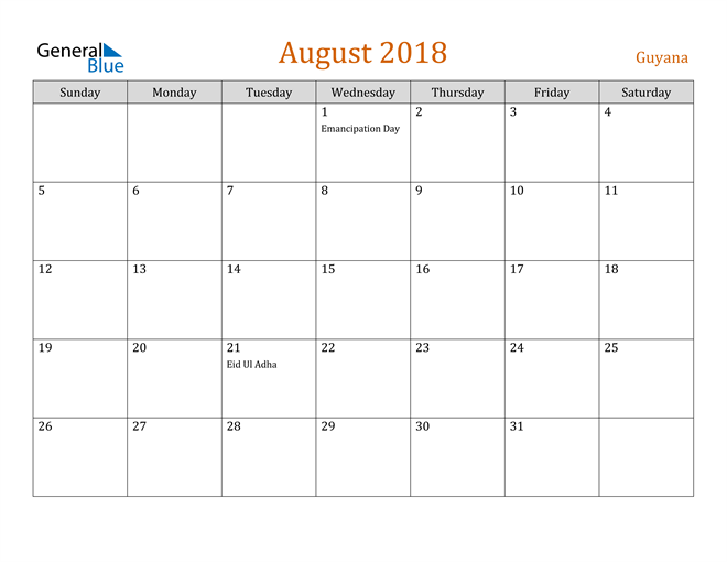 August 2018 Holiday Calendar