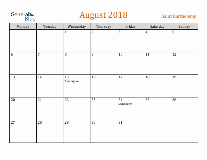 August 2018 Holiday Calendar with Monday Start