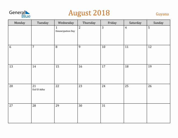 August 2018 Holiday Calendar with Monday Start