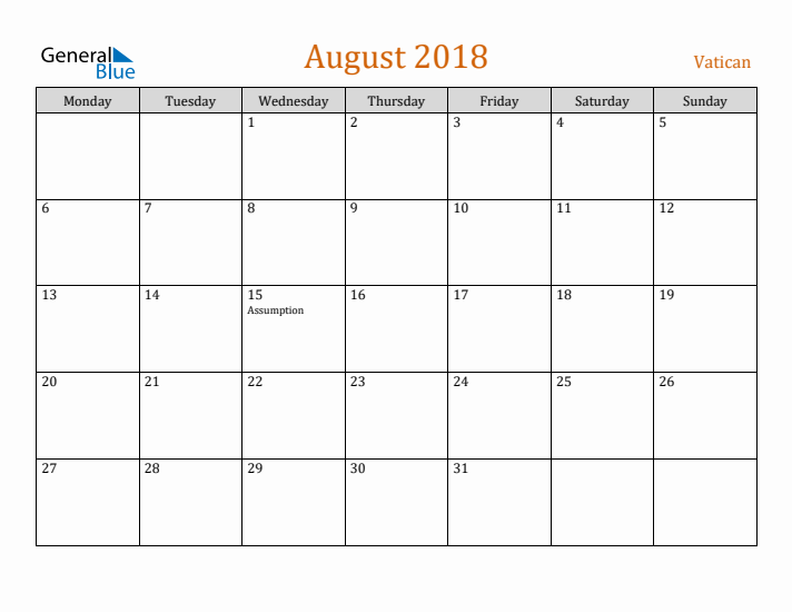 August 2018 Holiday Calendar with Monday Start