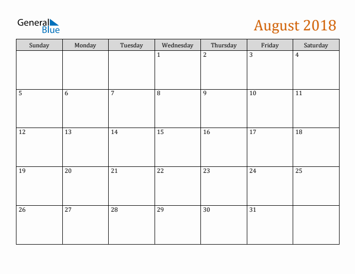 Editable August 2018 Calendar