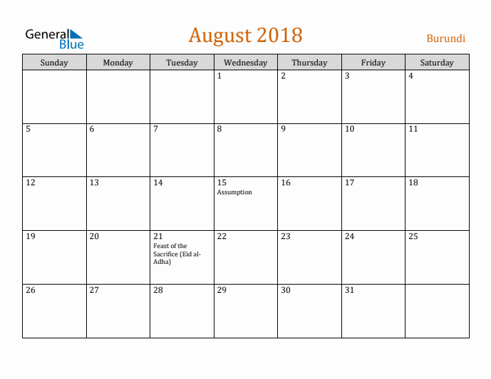 August 2018 Holiday Calendar with Sunday Start