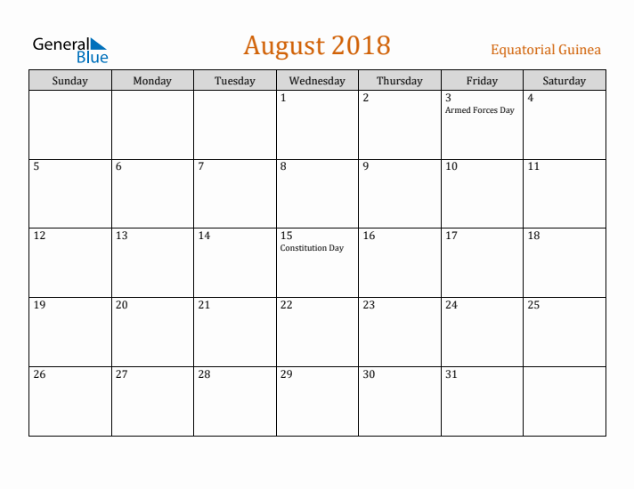August 2018 Holiday Calendar with Sunday Start