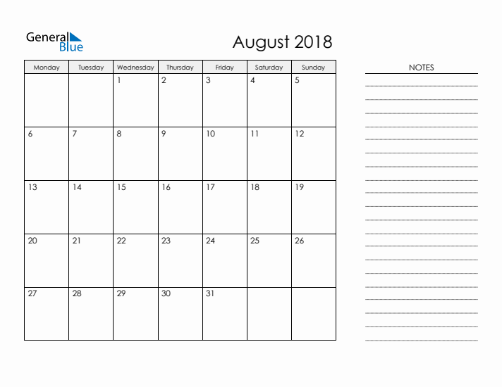 Printable Monthly Calendar with Notes - August 2018