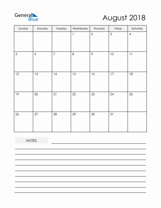 Printable Calendar with Notes - August 2018 