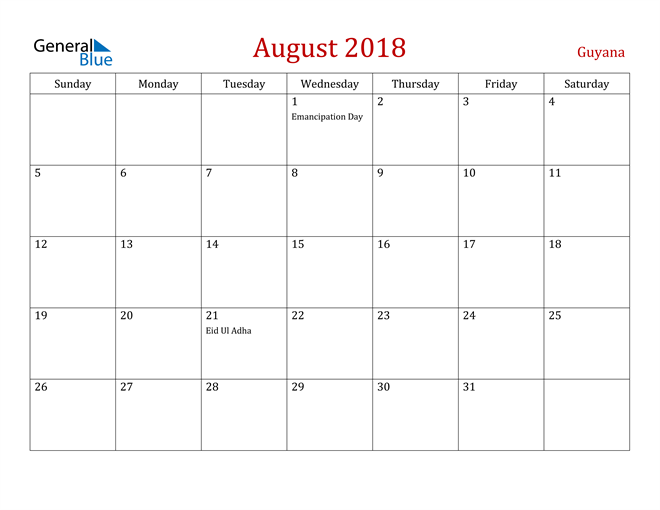 Guyana August 2018 Calendar