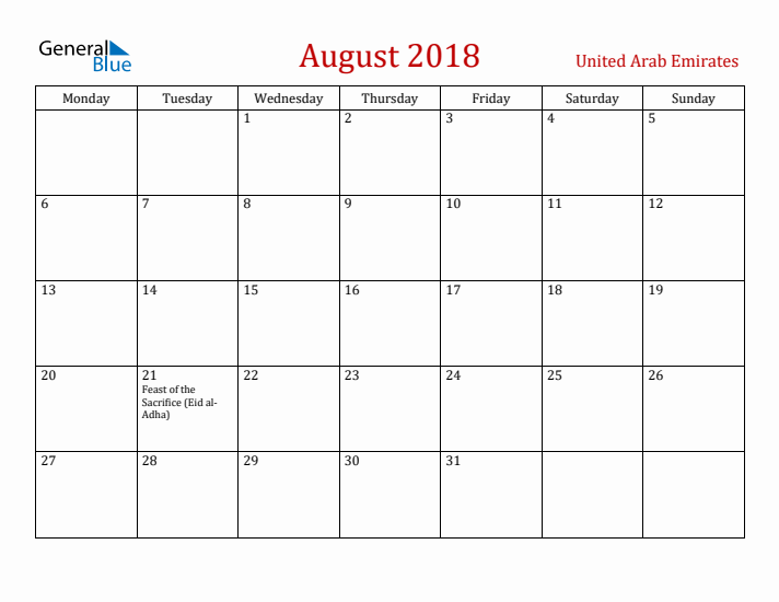 United Arab Emirates August 2018 Calendar - Monday Start