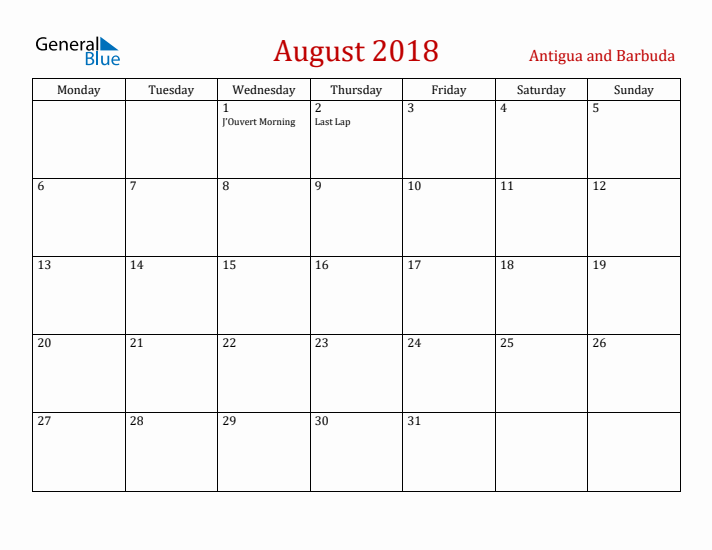 Antigua and Barbuda August 2018 Calendar - Monday Start