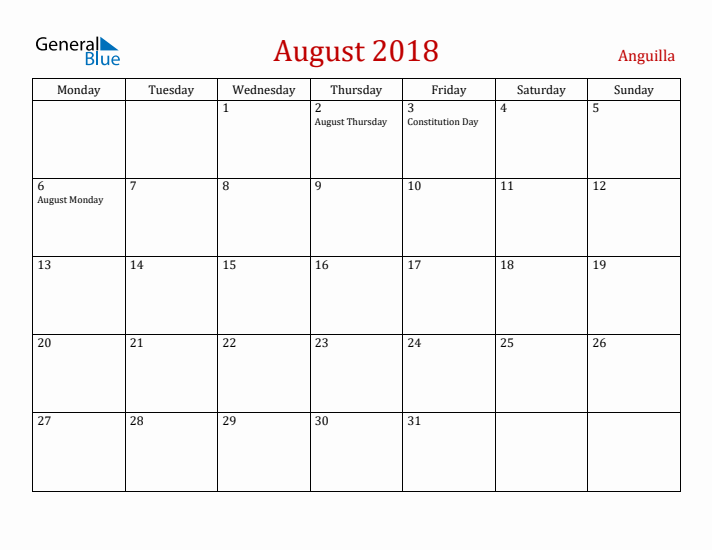 Anguilla August 2018 Calendar - Monday Start