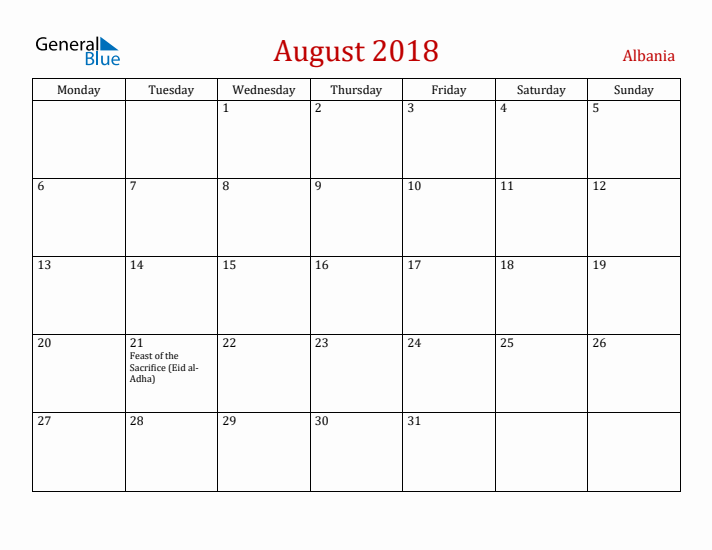 Albania August 2018 Calendar - Monday Start