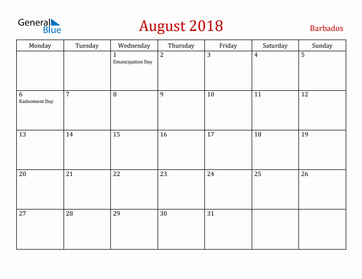 Barbados August 2018 Calendar - Monday Start