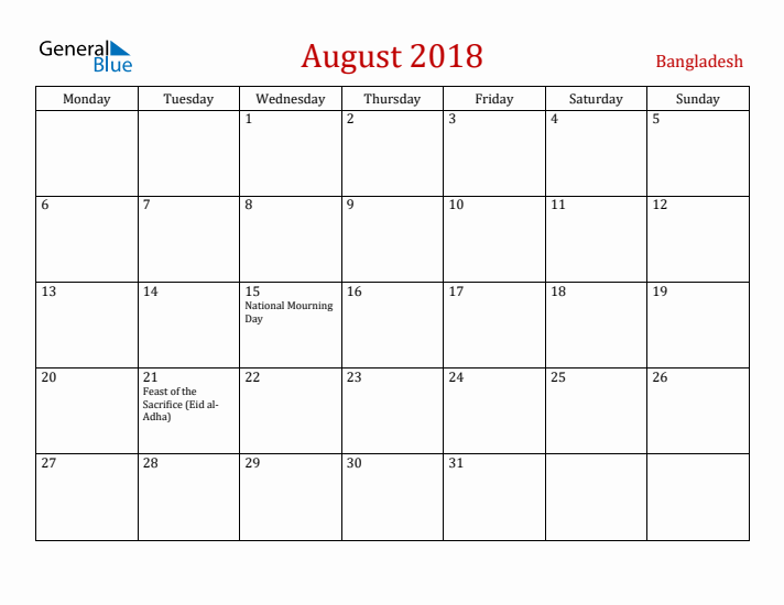 Bangladesh August 2018 Calendar - Monday Start