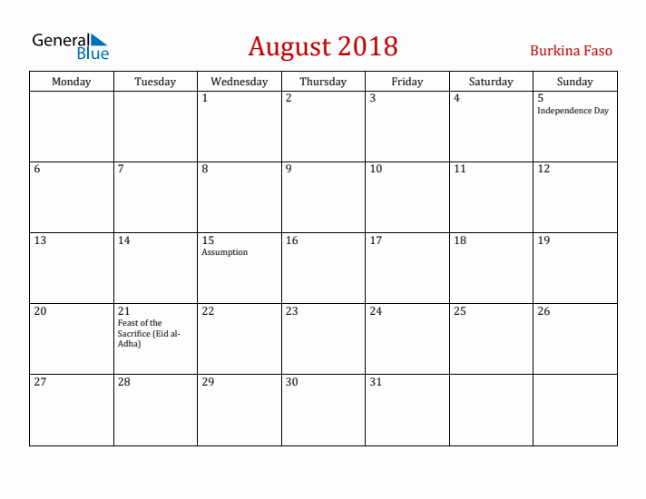 Burkina Faso August 2018 Calendar - Monday Start