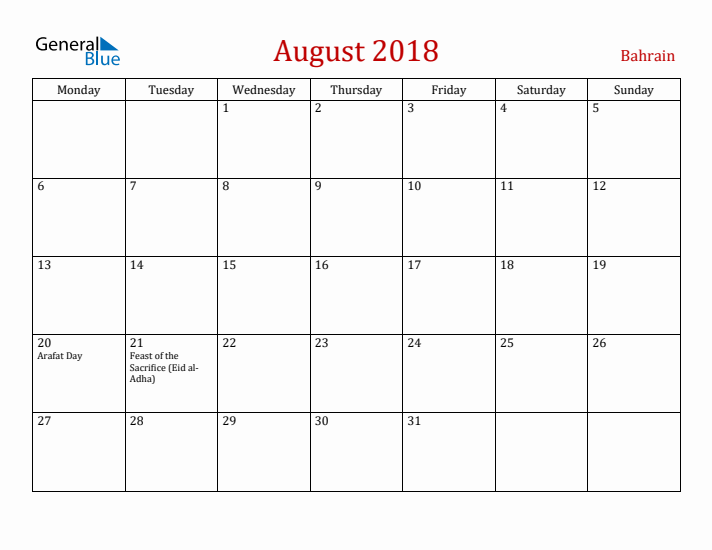 Bahrain August 2018 Calendar - Monday Start