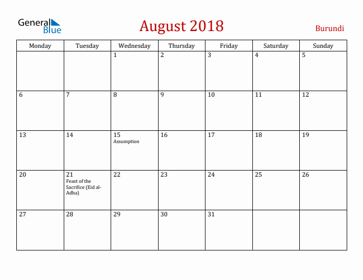 Burundi August 2018 Calendar - Monday Start