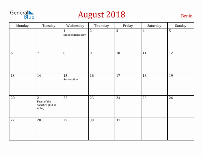 Benin August 2018 Calendar - Monday Start