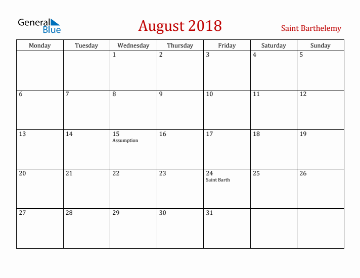 Saint Barthelemy August 2018 Calendar - Monday Start