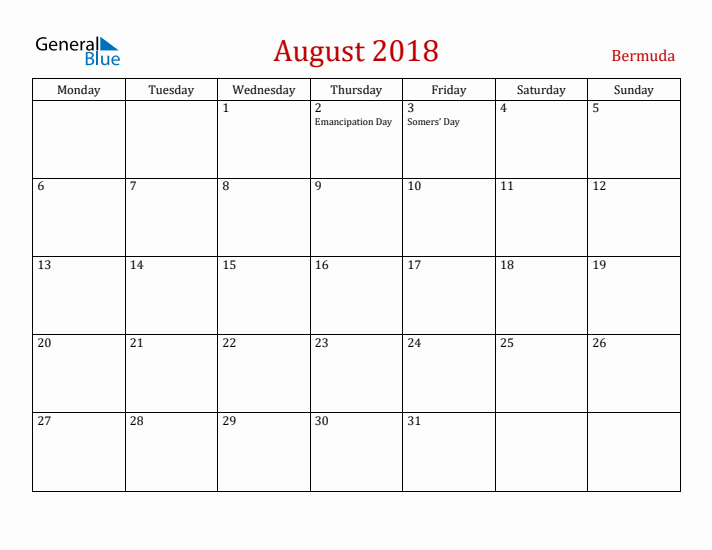Bermuda August 2018 Calendar - Monday Start