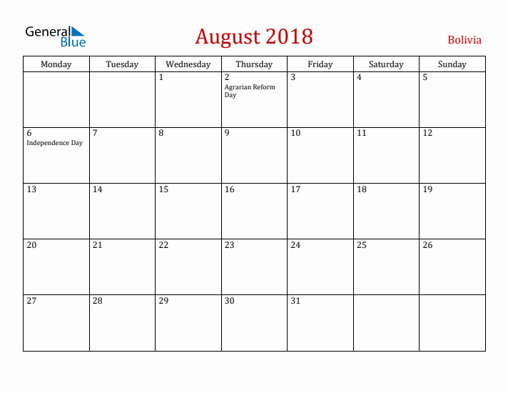 Bolivia August 2018 Calendar - Monday Start