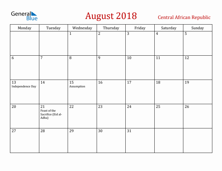Central African Republic August 2018 Calendar - Monday Start