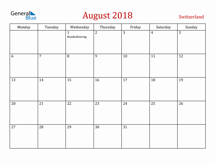 Switzerland August 2018 Calendar - Monday Start