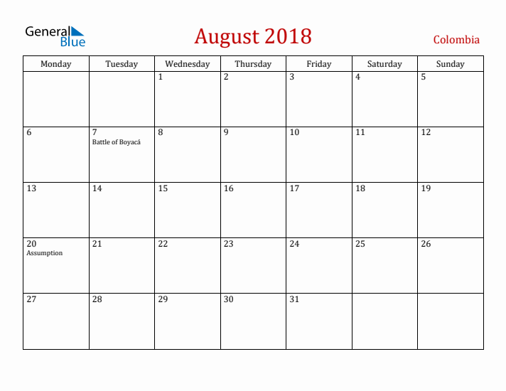 Colombia August 2018 Calendar - Monday Start
