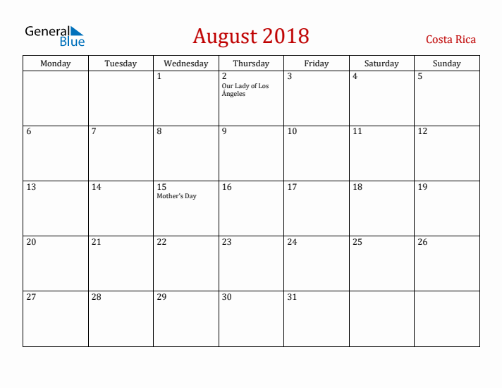 Costa Rica August 2018 Calendar - Monday Start