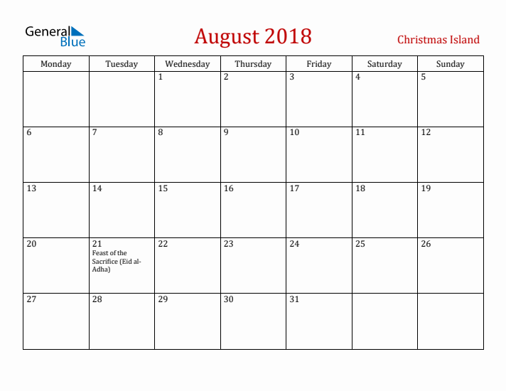 Christmas Island August 2018 Calendar - Monday Start