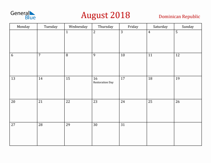Dominican Republic August 2018 Calendar - Monday Start
