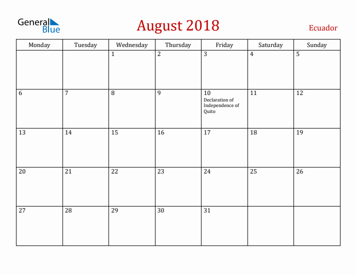 Ecuador August 2018 Calendar - Monday Start