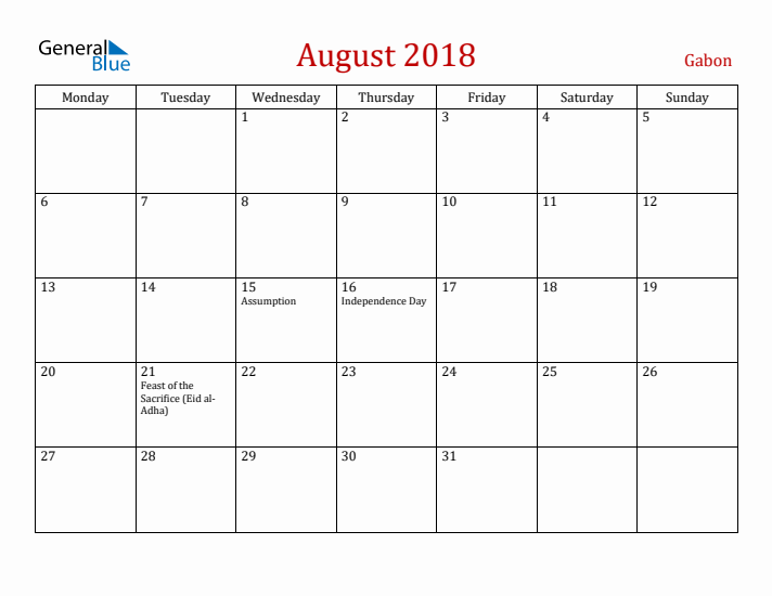 Gabon August 2018 Calendar - Monday Start