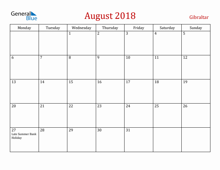 Gibraltar August 2018 Calendar - Monday Start