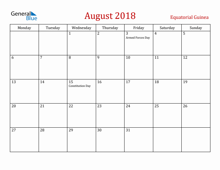 Equatorial Guinea August 2018 Calendar - Monday Start