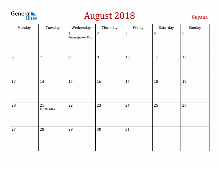 Guyana August 2018 Calendar - Monday Start