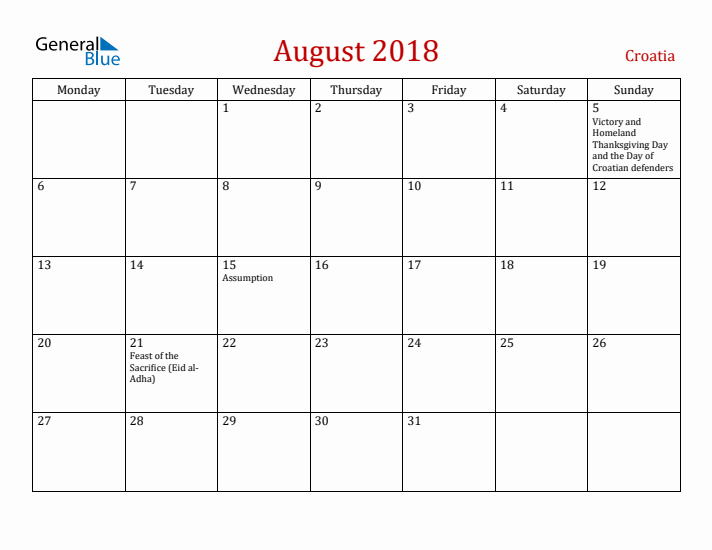 Croatia August 2018 Calendar - Monday Start